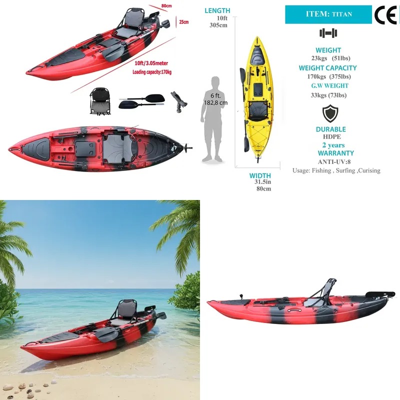 Fishing Kayak Seat - 10フィートシングルシートシットオンフィッシングパドルカヤック、電動モーター付きカヌー、1人乗りHDPEカヤック、大容量収納ボート